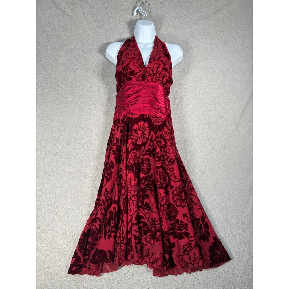 VNTG ICE Halter Dress Size M Red Velvet Burnout Formal Evening Gown Vamp Goth